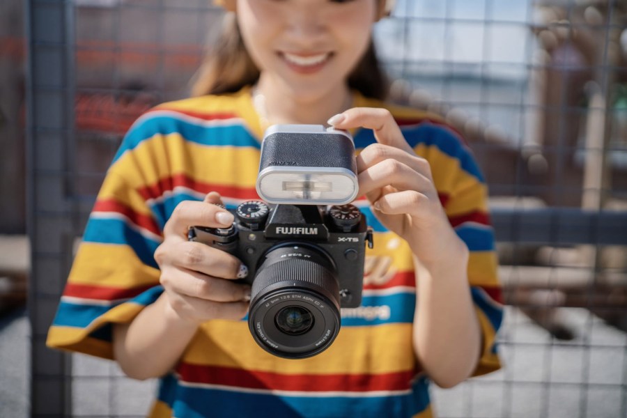 Viltrox Viintage Z1 Pro flash unit in use mounted on a Fujifilm camera