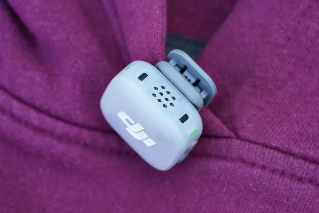 DJI Mic Mini 2 transmitter clipped onto clothing. 