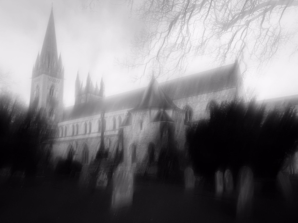 A black and white picture of a Cathedral in soft focus