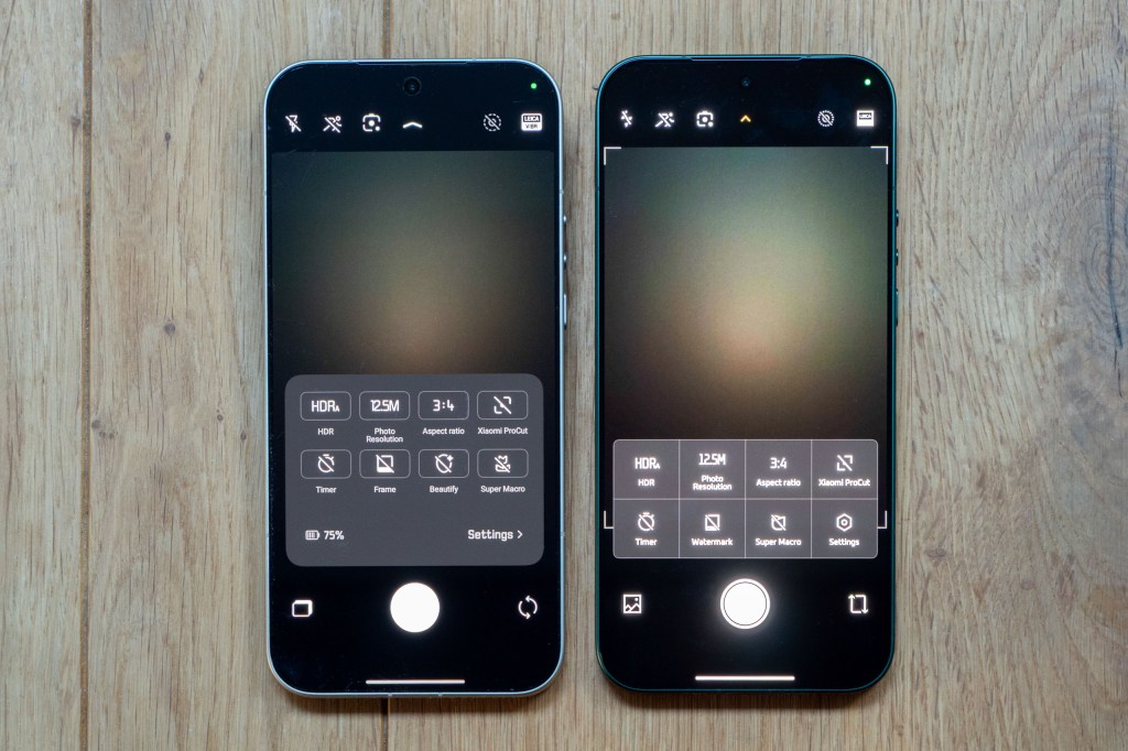 The Leica Leitzphone (left) next to the Xiaomi 17 Ultra, both displaying native camera apps