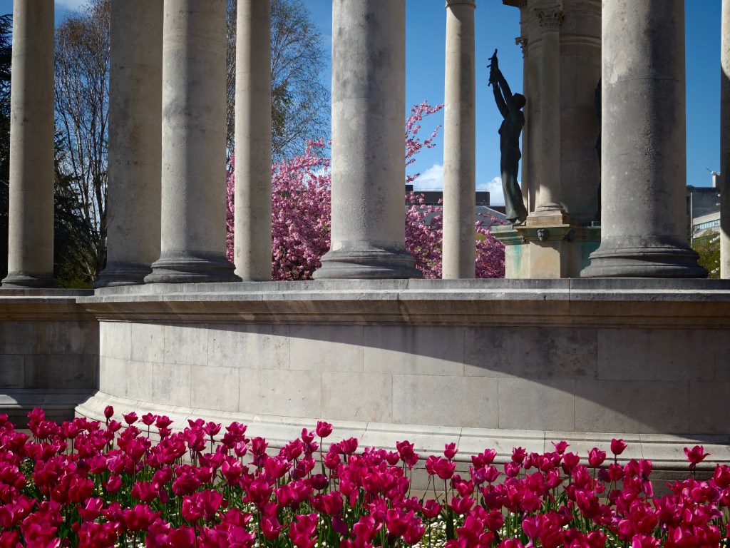 Some tulips in front of a large stone war memorial