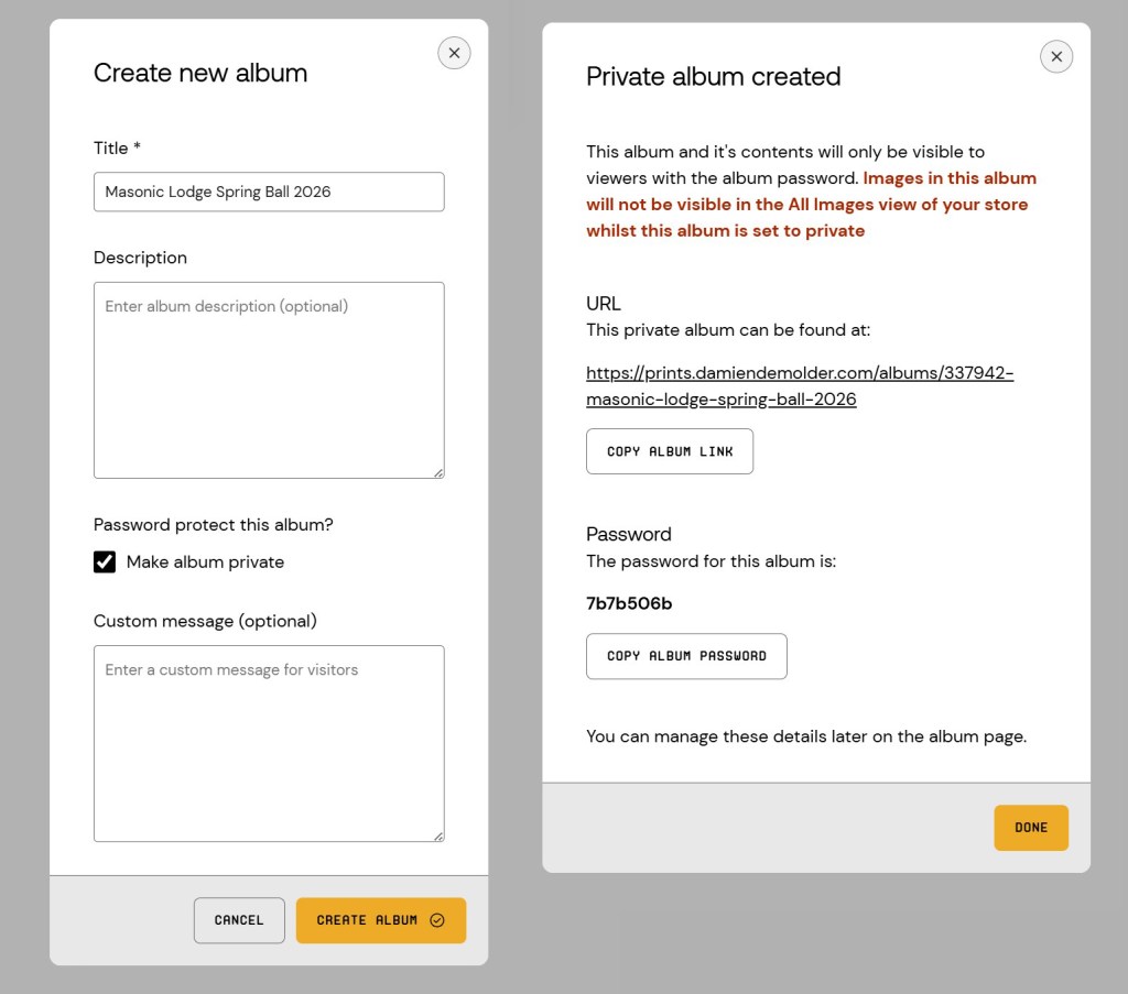 Private albums allow us to host images in password-protected areas that can only be accessed by those authorised by the photographer. These are great for events and children’s sports days etc