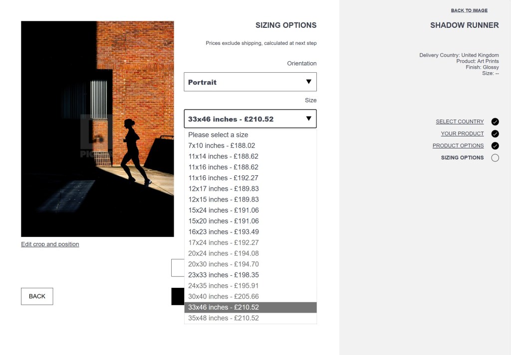 Product options and prices for customers are shown via drop down menus
