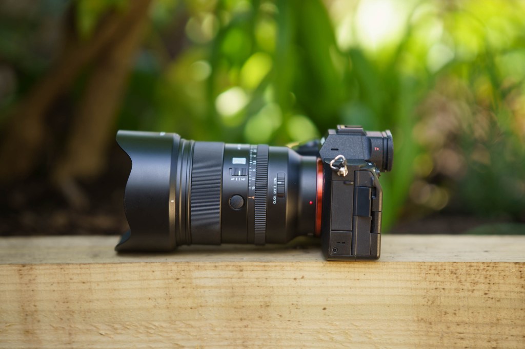 Viltrox 50mm f/1.4 Pro FE side view, mounted on Sony mirrorless camera
