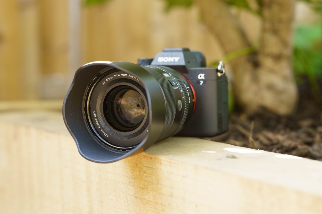 Viltrox 50mm f/1.4 Pro FE with lens hood, mounted on Sony mirrorless camera