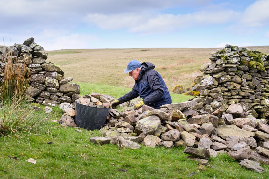 Dry stone wall being repaired