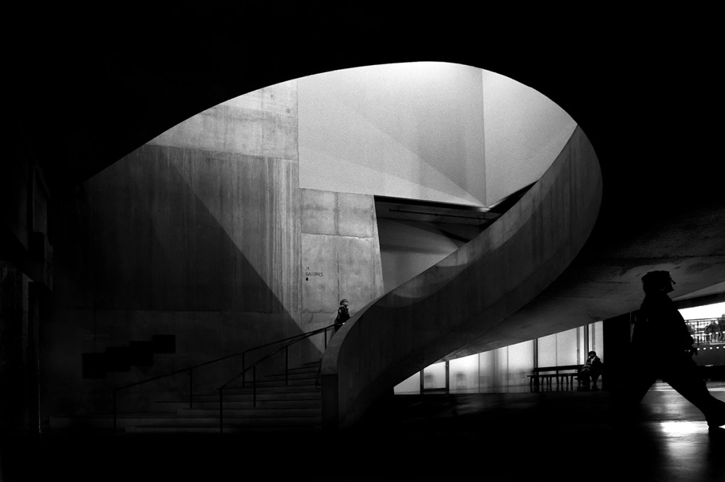 high contrast photo of spiral staircase at Tate Modern