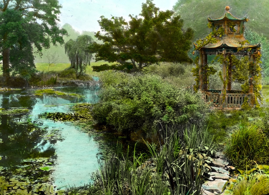 Water garden at Viscount Waldorf Astor house, a hand-colored lantern slide taken in Buckinghamshire, England, 1925
