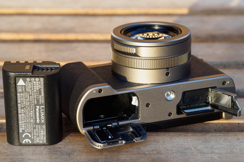 Panasonic Lumix L10 battery and SD card compartments.