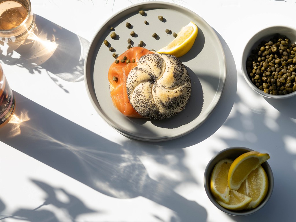 smoke salmon bagel flatlay