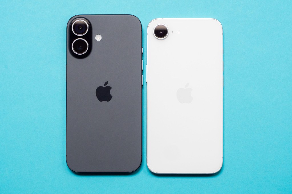 iPhone 17 and iPhone 17e side by side on a blue surface