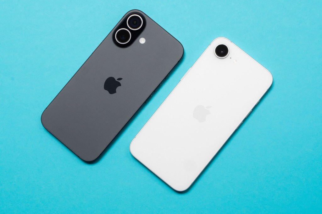 iPhone 17 and iPhone 17e side by side on a blue surface