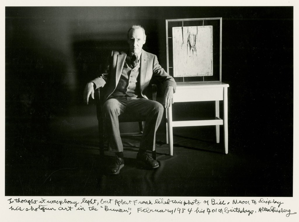 Allen Ginsberg, W.S. Burroughs beside shotgun art, 1984. 
Gelatin silver print; printed later, 14 X 11 in.
© Allen Ginsberg Trust, Courtesy of Howard Greenberg Gallery, New York