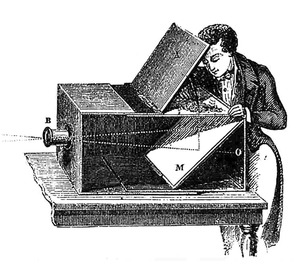 Camera obscuras, used by artists as an aid to composition, predated the photographic camera
(Public domain via Wikimedia Commons)