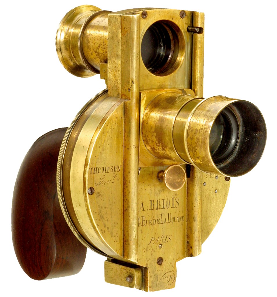 The craze for disguised cameras began early. This is Thompson’s Revolver camera from 1862. Its circular brass body contained a disc-shaped photographic plate, and the lens, resembling a gun barrel, lined up with a ground-glass focusing screen, covered by a magnifier in a tube. As a catch was pressed, the lens dropped to its lower position to align with a plate and the single speed rotary shutter was automatically released. The plate then rotated through 90° so that four circular pictures could be taken in rapid succession
(Courtesy of Auction Team Breker)