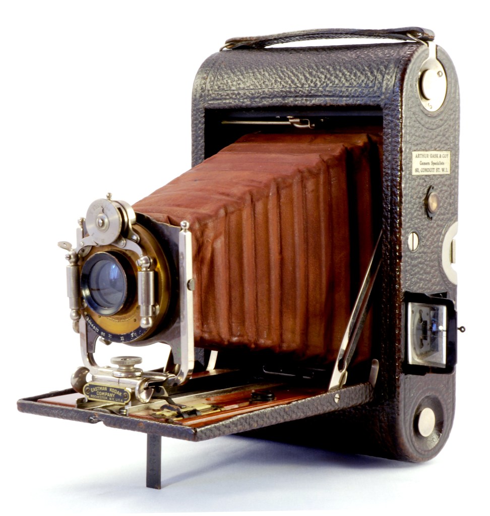 Folding cameras like this proliferated for more than half a century from around 1900 onwards. This one is the 1907 No.4 Folding Pocket Kodak that could be adapted to shoot on film or glass plates