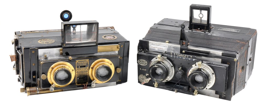 Two cameras from 1914 and 1920 that typified the design of stereo cameras of the time: a Monoblock (left) and Stereo Spido Metallique, both made in France