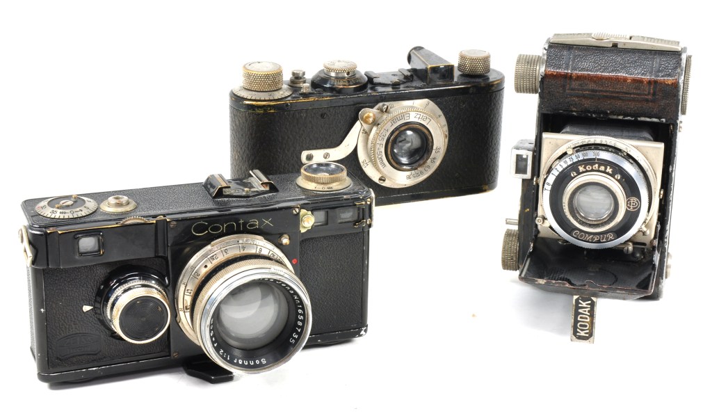 Three 35mm landmarks: the 1925 Leica IA (rear), 1932 Contax I (left) and 1934 Kodak Retina (right)