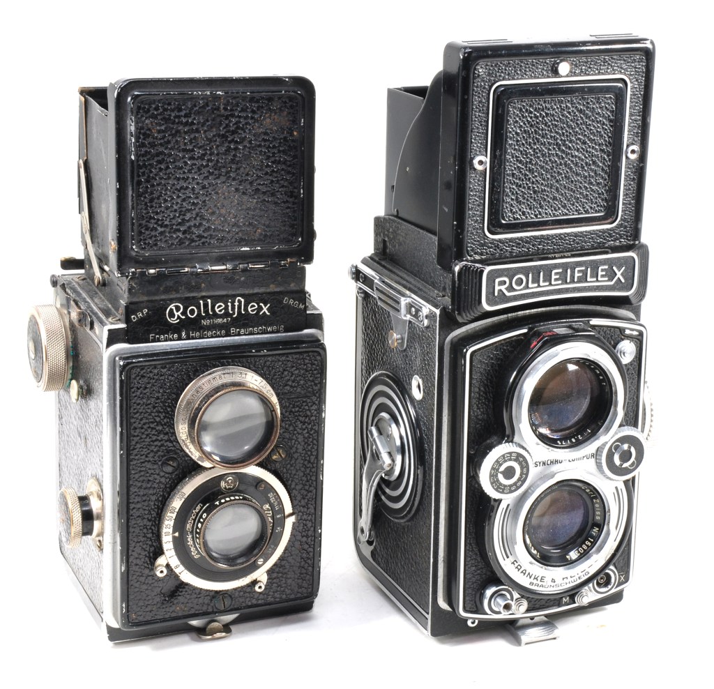 The Rolleiflex set the standard for compact roll film TLRs. Pictured here are the original model from 1928 (left) with the Automat II, first seen in 1950