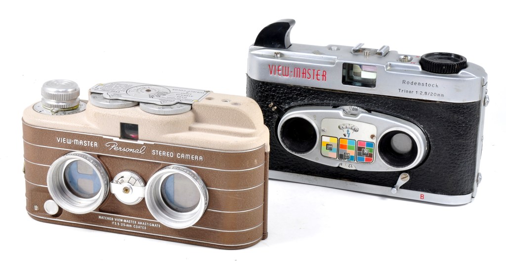 First and second models of View-Master cameras that provided a means for photographers of the 1950s and 1960s to shoot stereo or 3D images and make their own stereo reels for viewing in special viewers