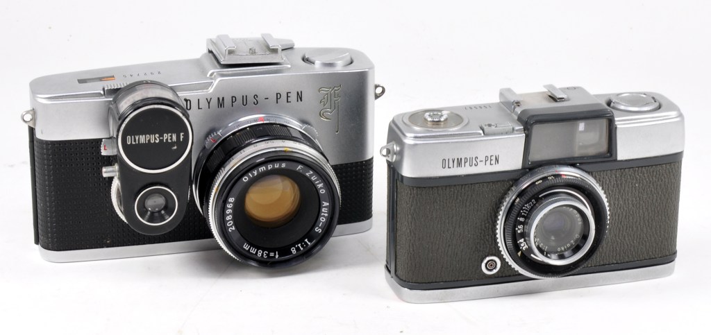 Original Olympus Pen (right), launched in 1959 and destined to be the start of a long series of cameras culminating in the 1963 Pen F (left), the world’s first half-frame 35mmm SLR.