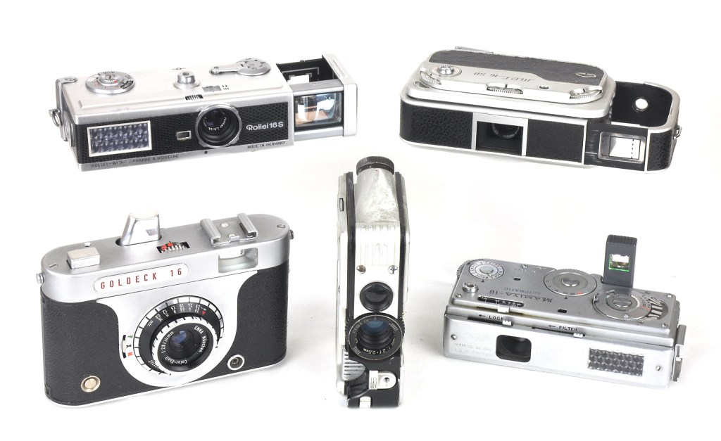 From the 1960s, subminiature cameras made for 16mm film: Rollei 16, Mec 16SB, Goldeck 16, Minicord and Mamiya 16 Automatic