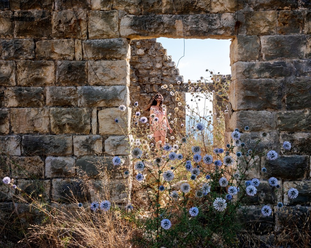 through a derelict buildings doorway we see blue flowers and in the background a woman in a pale pink dress
