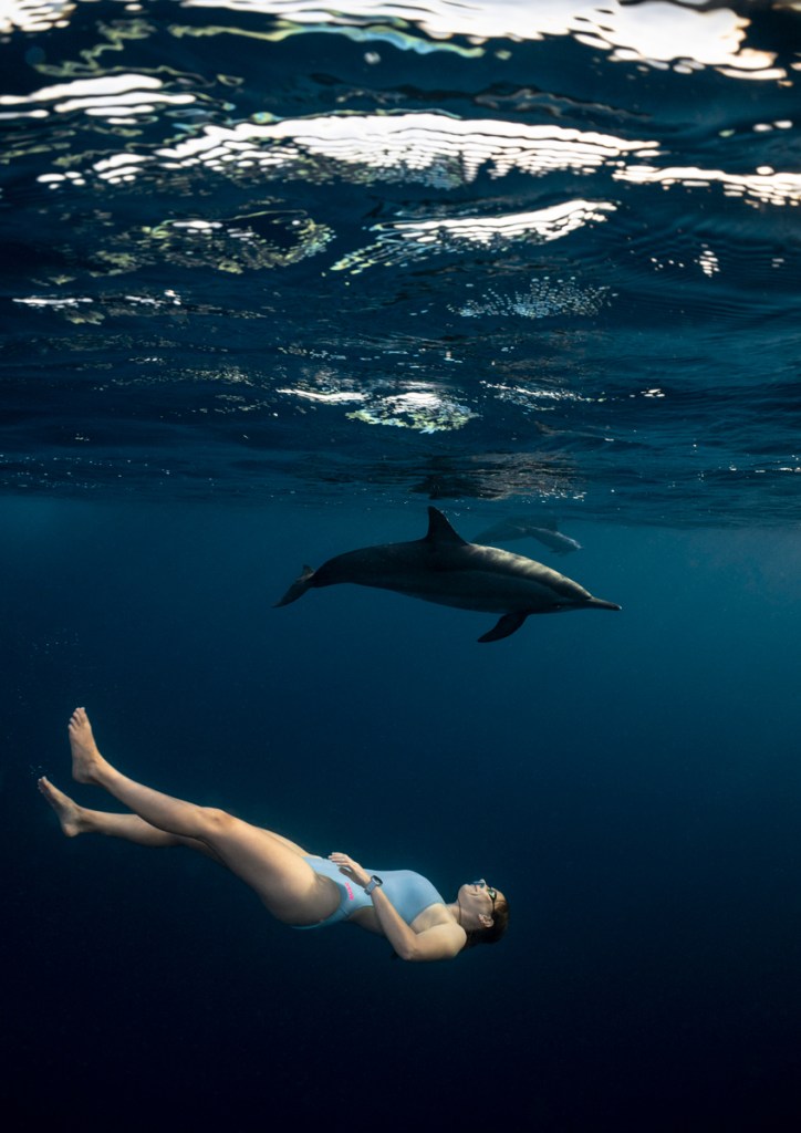 woman swimming underwater beneath a dolphin