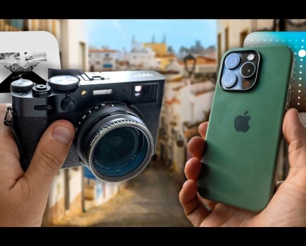 Davey Gravy / YouTube Digital collage. A Fujifilm X1000VI camera on the left in hand and an Iphone 16 Pro in hand on the right. The background is a photo of a mediterranean street