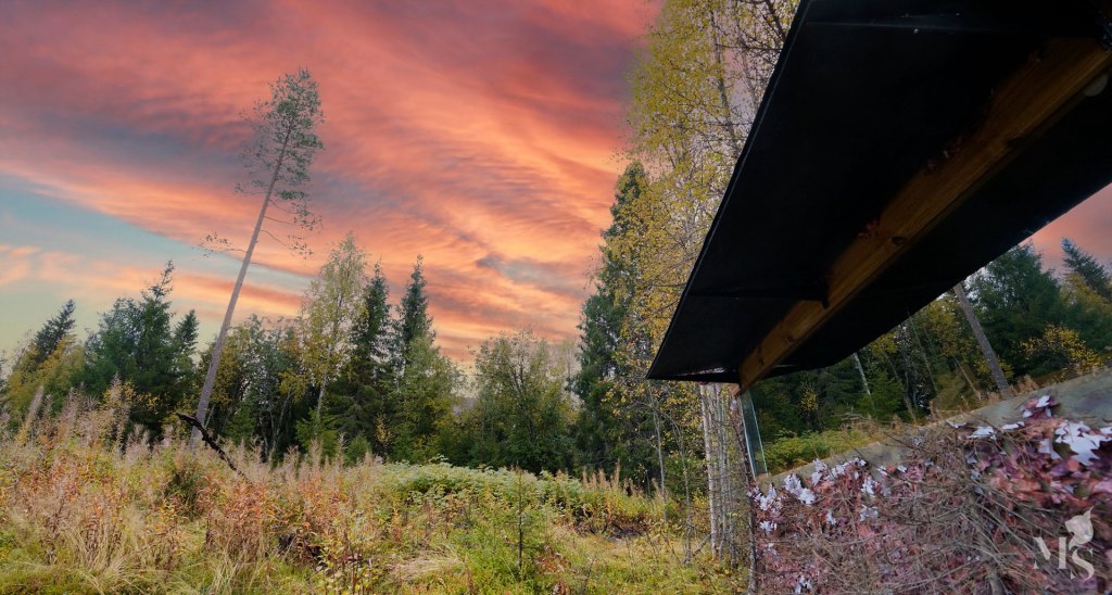 A field wildlife photography hide at sunset.