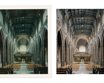 Instant image of Manchester cathedral and scanned image of large format photograph of Manchester Cathedral interior