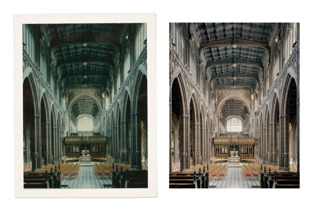 Instant image of Manchester cathedral and scanned image of large format photograph of Manchester Cathedral interior
