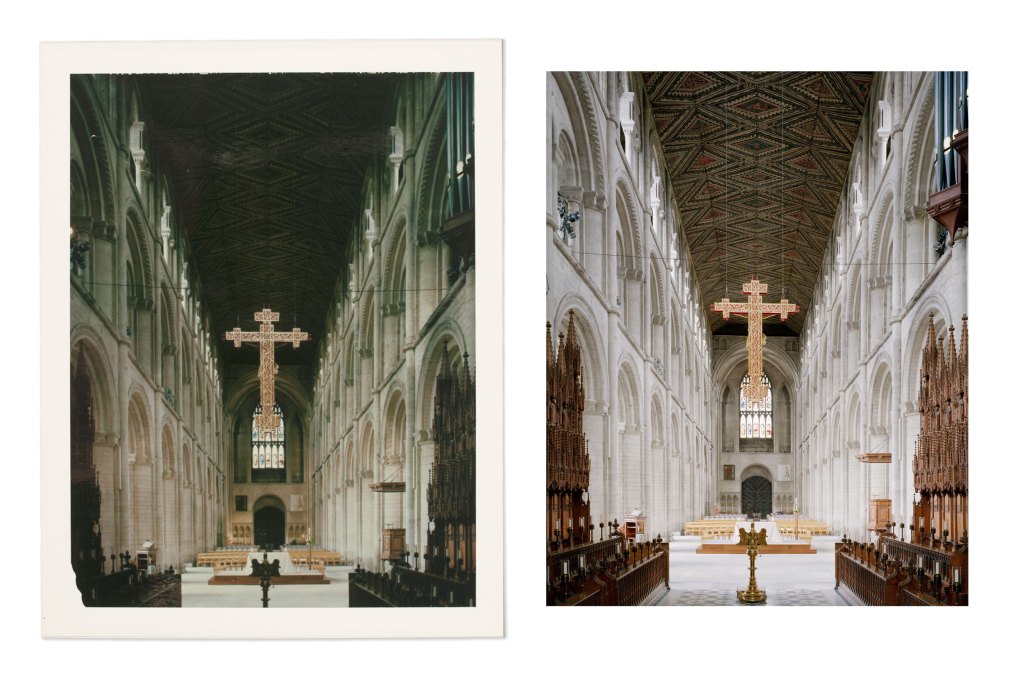 Instant image of Peterborough cathedral and scanned image of large format photograph of Peterborough Cathedral interior
