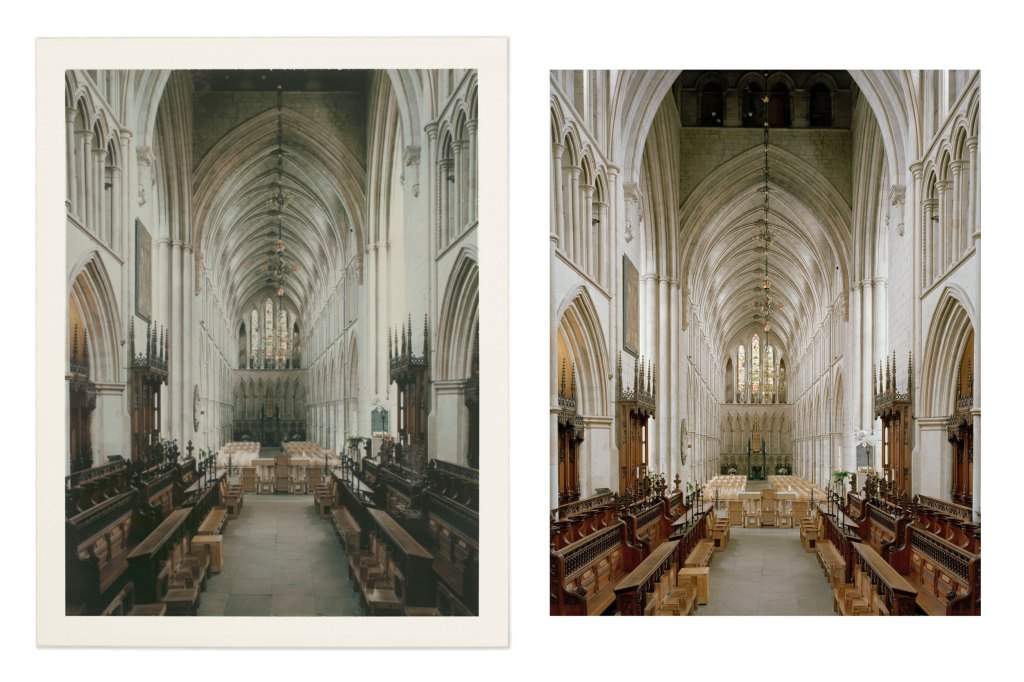 Instant image of Southwark cathedral and scanned image of large format photograph of Southwark Cathedral interior