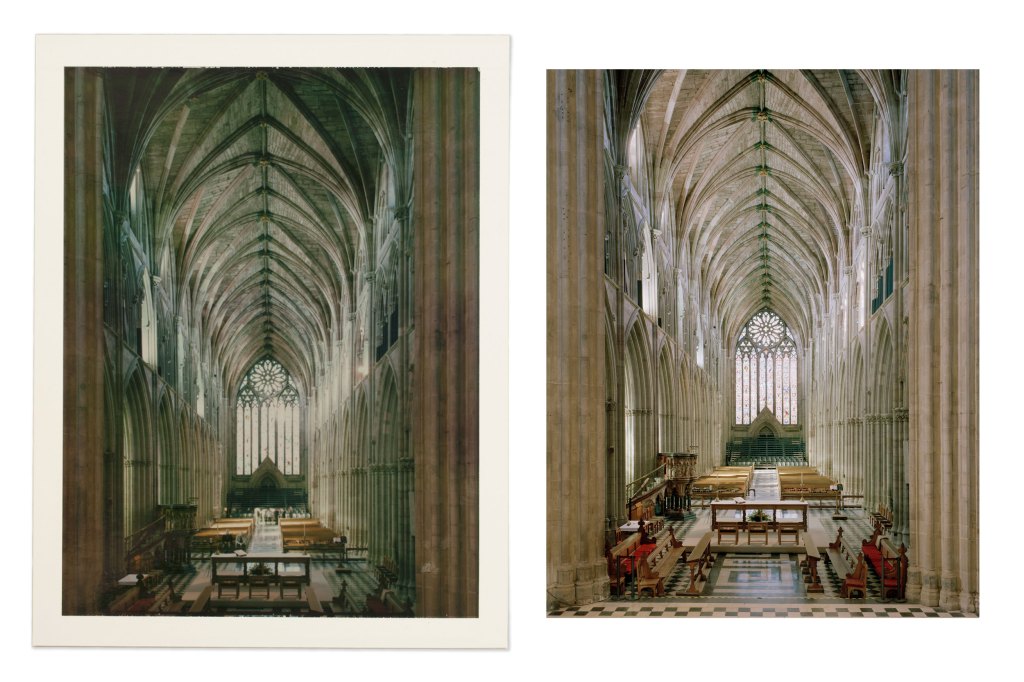 Instant image of Worchester cathedral and scanned image of large format photograph of Worchester Cathedral interior