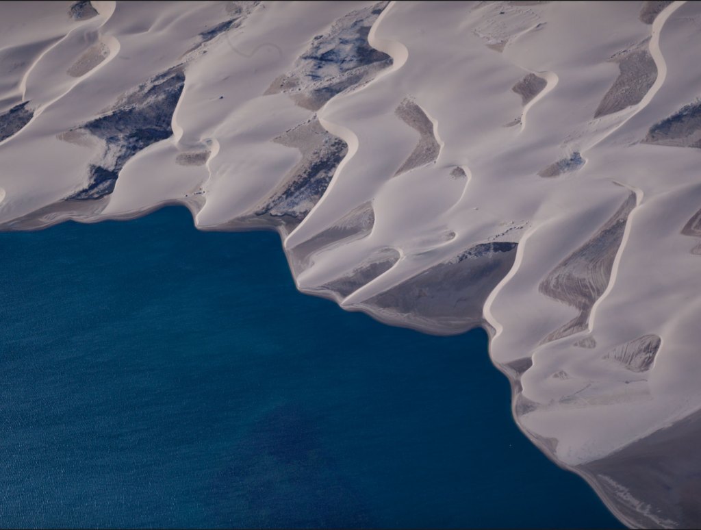 Aerial photo of sand dunes meeting the sea
