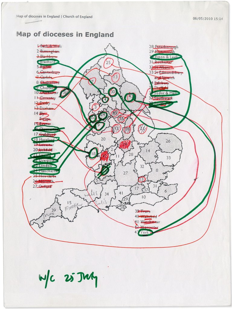 Planning notes and map for visits to the northern cathedrals from Peter Marlow 