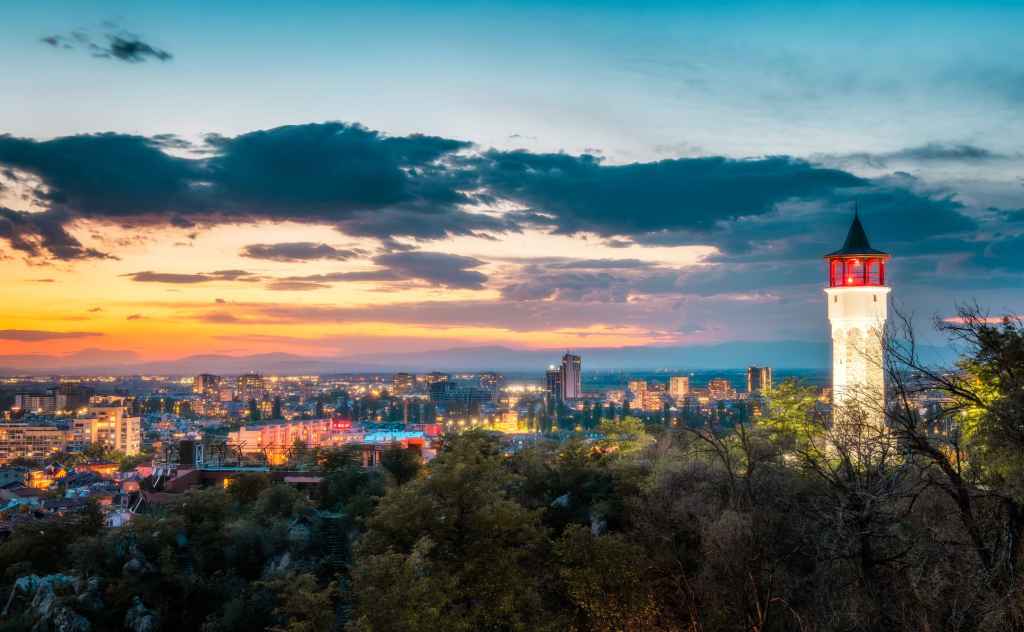 Travel photography, Plovdiv clocktower at sunset