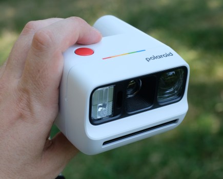 Photograph of the small Polaroid Go Gen 3 held in a man's hand