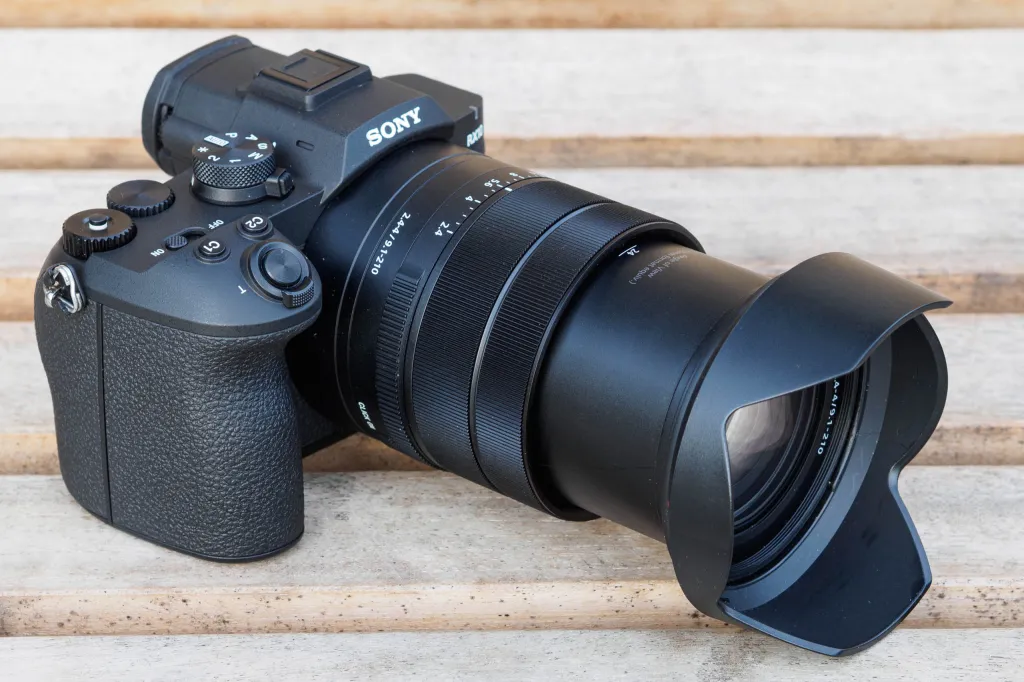 Sony RX10 V switched on, with lens hood.