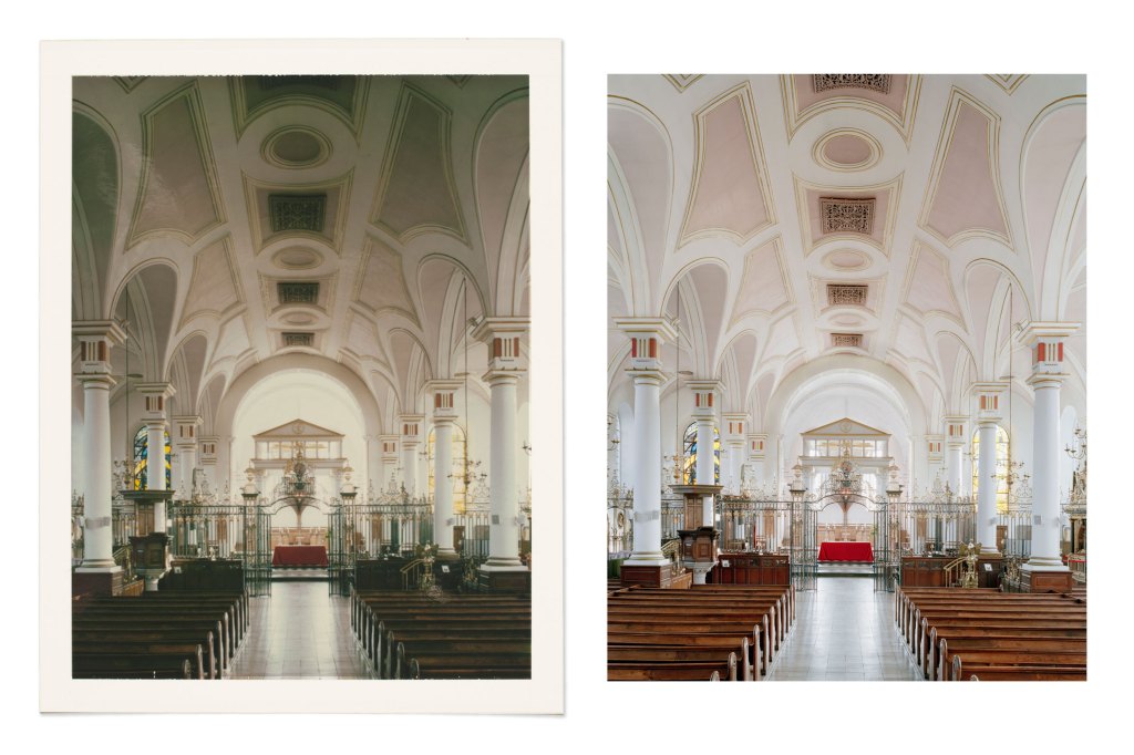 Instant image of Derby cathedral and scanned image of large format photograph of Derby Cathedral interior