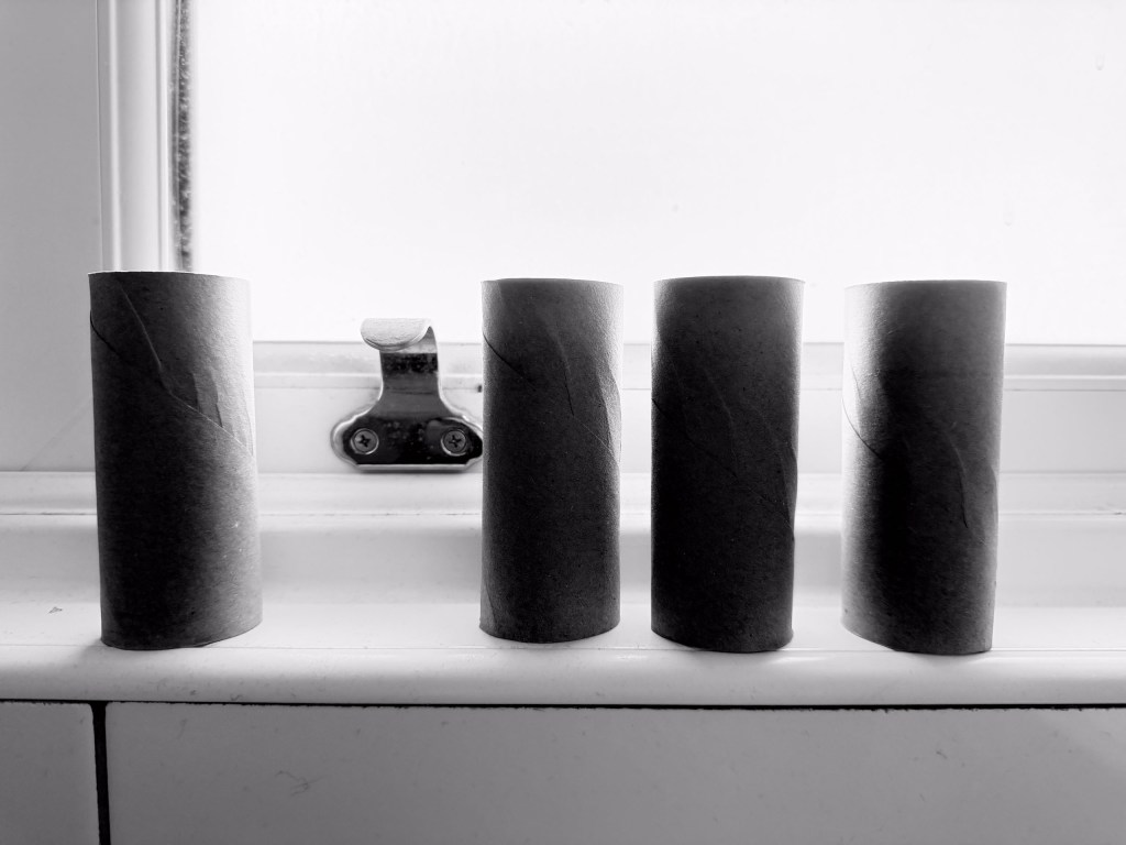 Empty toilet rolls on a window ledge