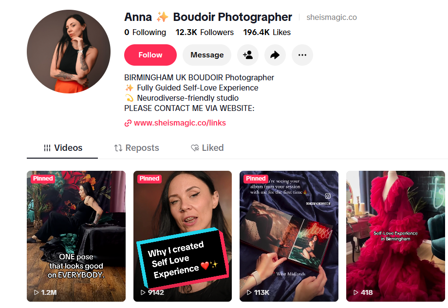 screenshot of a boudoir photography account on tiktok