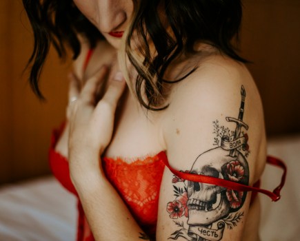 portrait of a woman in a red bra