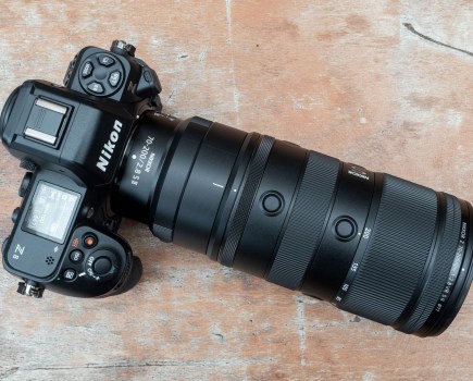 Nikon Nikkor Z 70-200mm F2.8 VR S II. lens top down view, mounted on a NIkon Z8 camera