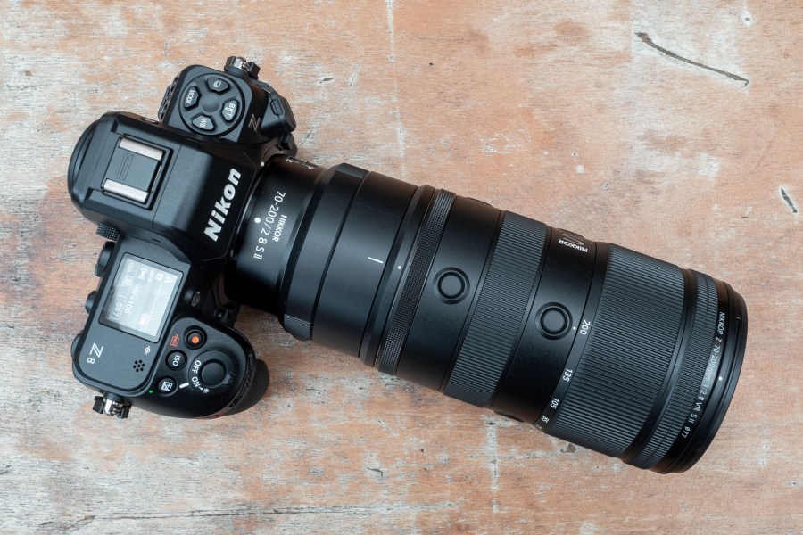 Nikon Nikkor Z 70-200mm F2.8 VR S II. lens top down view, mounted on a NIkon Z8 camera