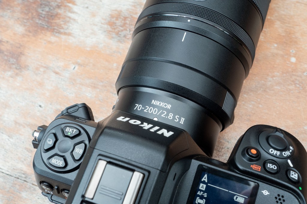 Nikon Nikkor Z 70-200mm F2.8 VR S II. close-up, top down view mounted on a Nikon Z8 camera