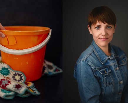A portrait of a woman, alongside a still life of a bucket and a blanket