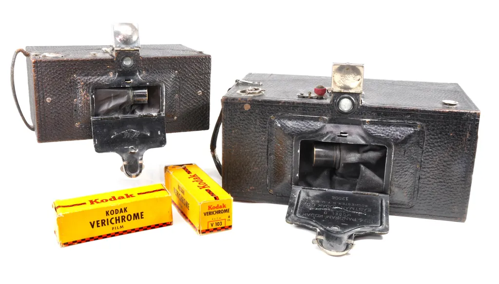 Kodak’s Panoram cameras: the No.1 (left) adapted to shoot 2¼x7in images on 120 film and No.4 which produced 3½x12in images on the now obsolete 103 size film.