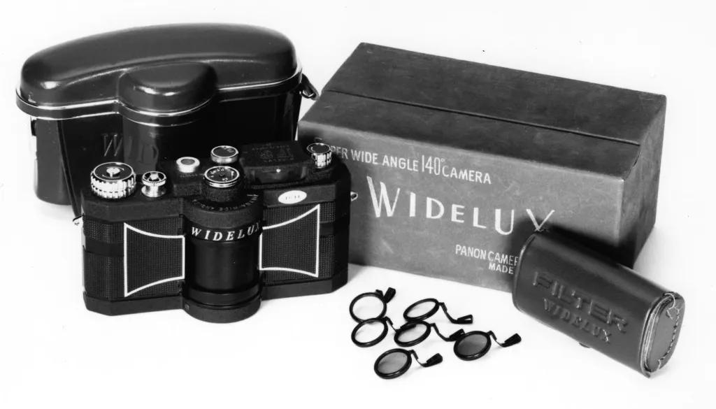 The Japanese Widelux camera with its original box, case and rare purpose-made filters